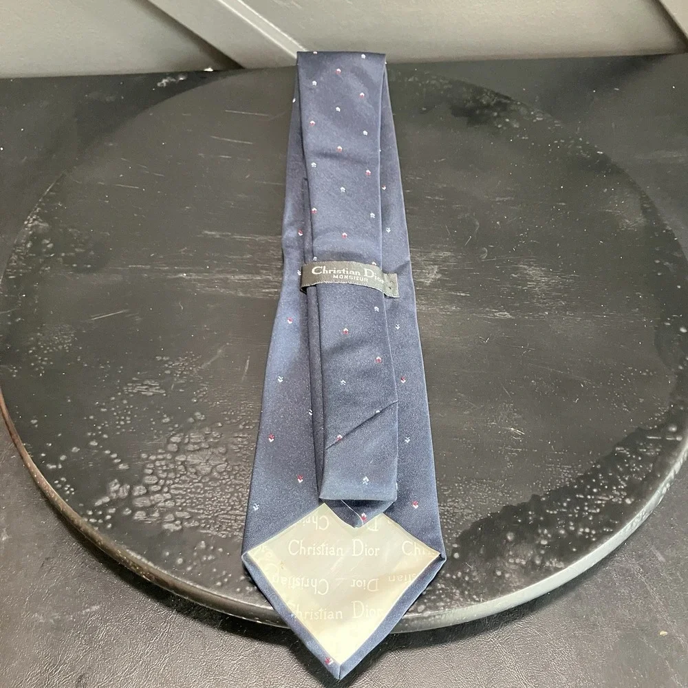 Christian Dior Monsieur Poly Silk Blend Neck Tie Navy Mini Motif Logo Vintage